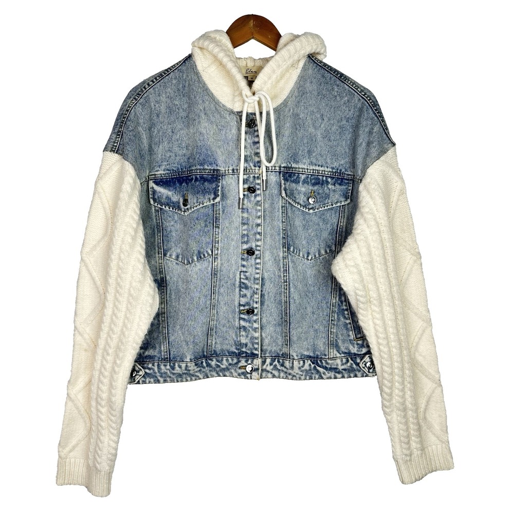 Elan Denim Jacket‎ Womens Medium Hooded Cable Knit Sleeve Hoodie Acid Wash Blue